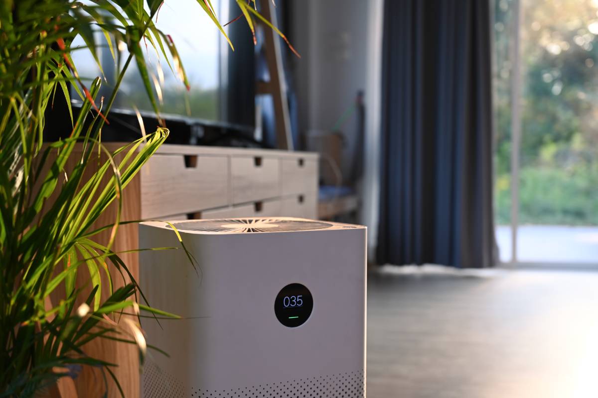 Air purifier with digital monitor screen and house plant in living room for fresh air and healthy life.